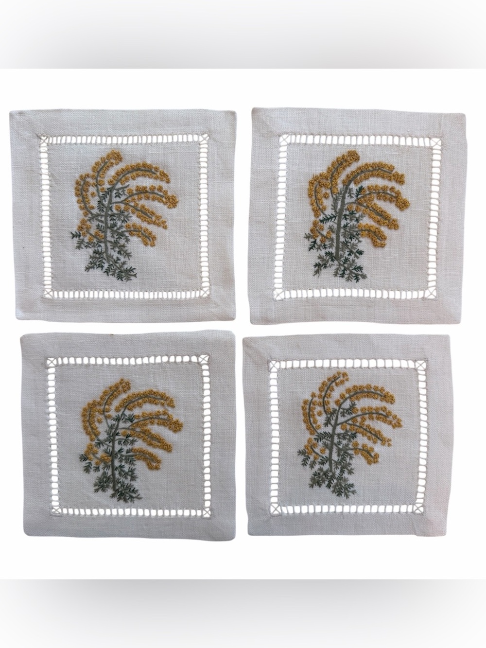 SFERRA Linen Embroidered Floral Cocktail Napkins - Set of 4